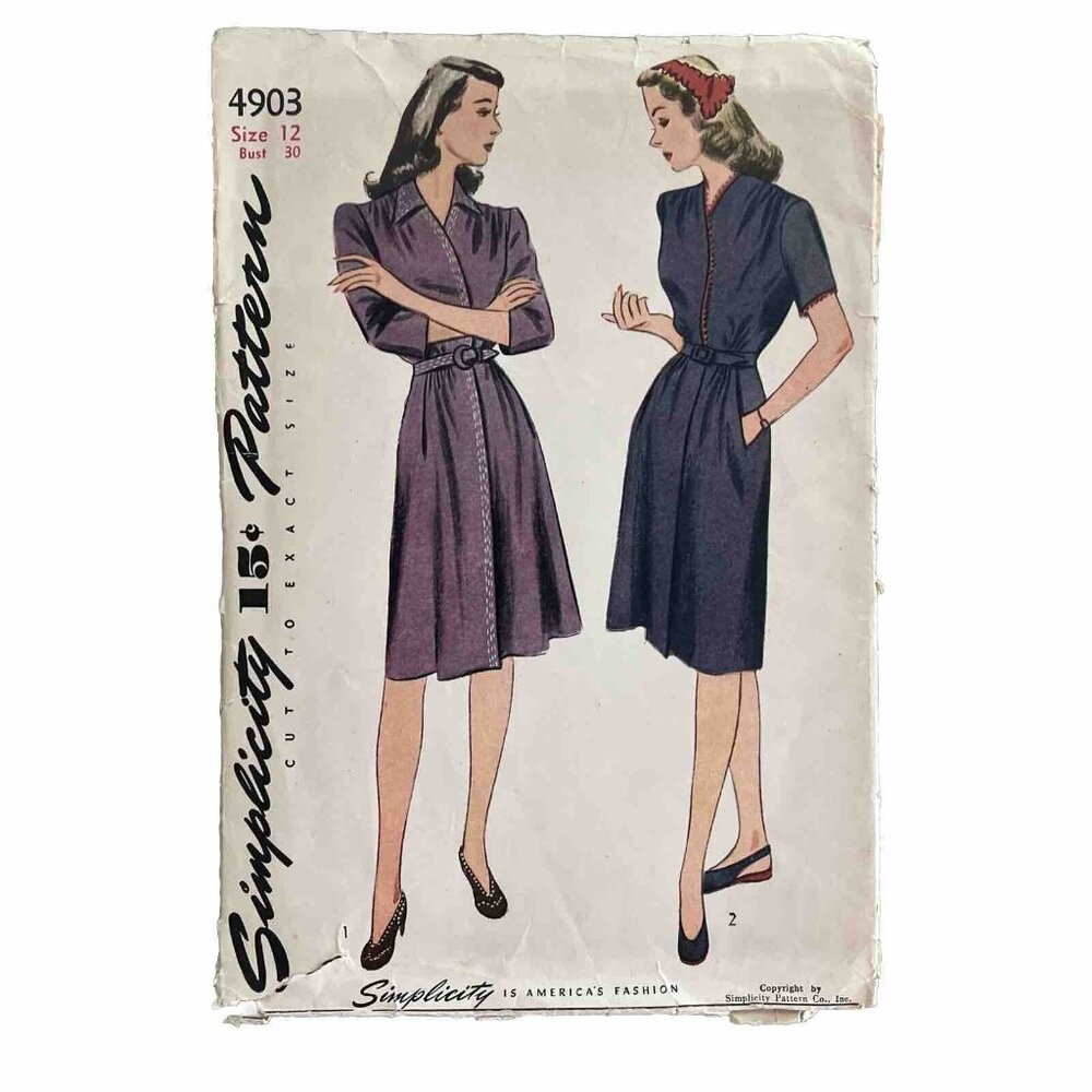 Simplicity 4903 1940s Dress Gathered Shoulders Waistline Pockets Size 12 Bust 30